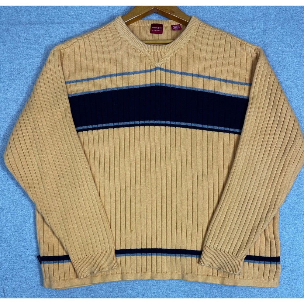 Vintage Arrow Ribbed Sweater XXL Yellow Cotton Striped Long Sleeve Crew Chunky